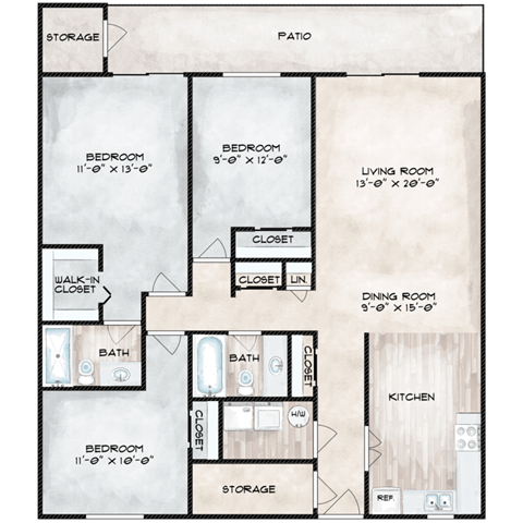 Floor plan for 3 beds, 2 baths, 1296 sqft